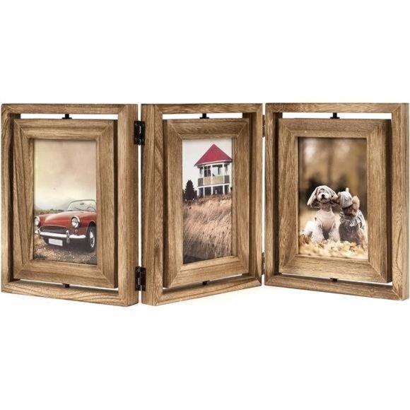 4x6 Picture Frame Rustic Wood Hinged Folding Triple Picture Frames Collage - Picture 1 of 6